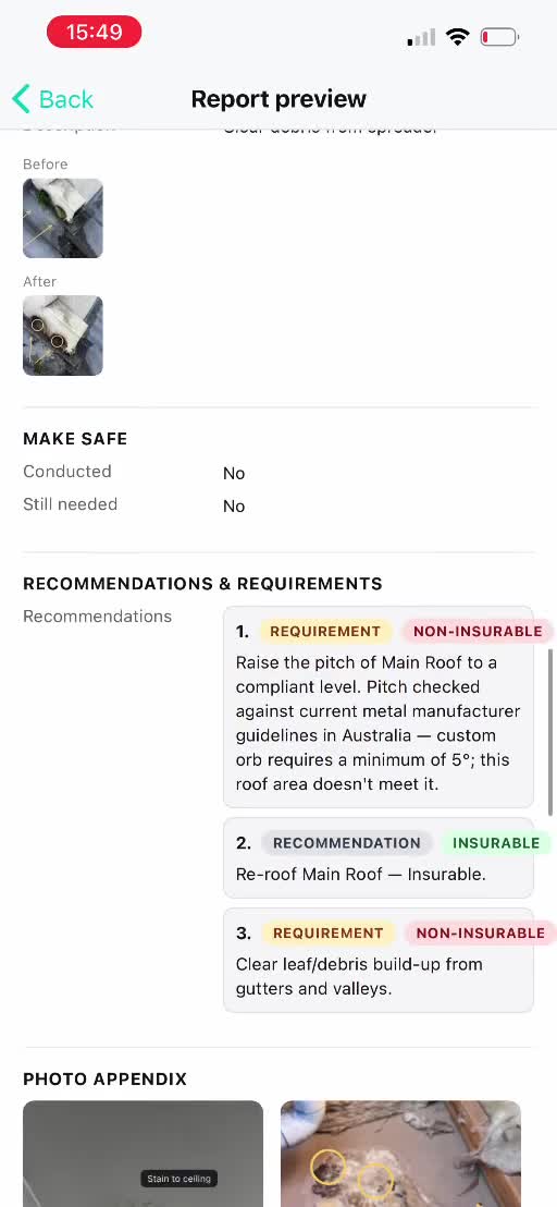 RoofFindings report preview showing recommendations requirements and photo appendix